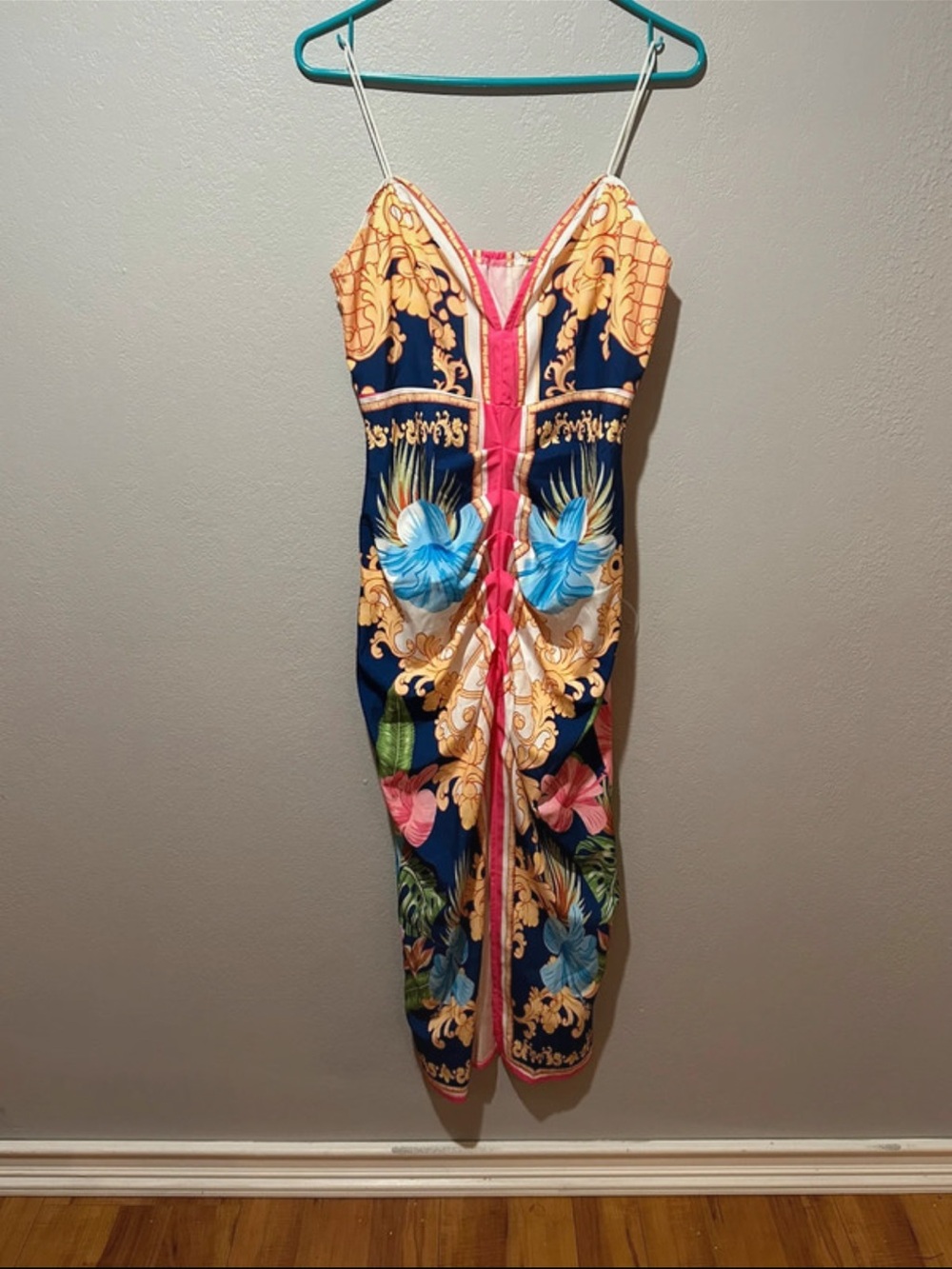 SHEIN Navy Blue Tropical Floral Slip Dress with Gold and Pink Accents
